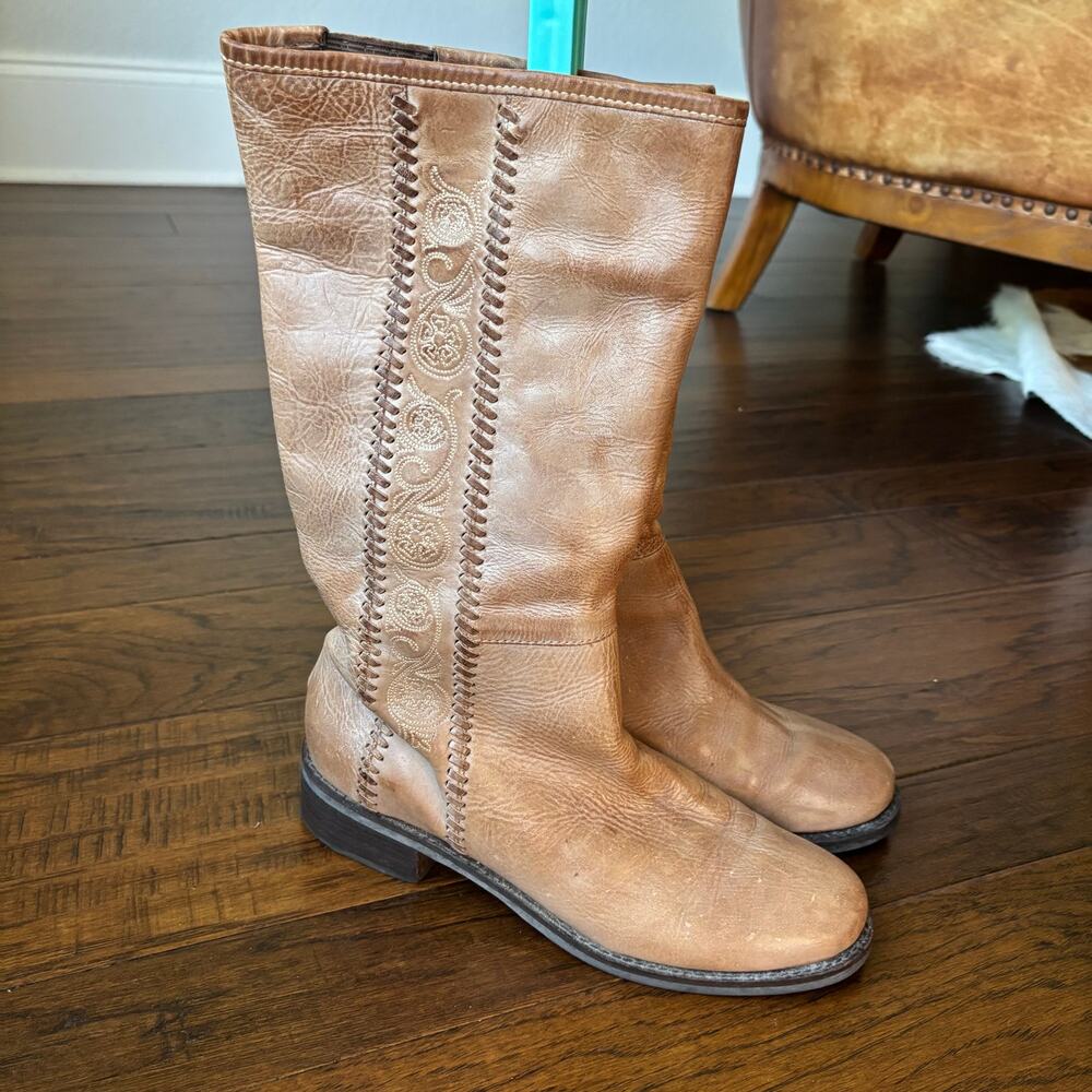 Matisse Brazil Leather Boots Womens 10M Tan Boho Western Embroidered Whipstitch